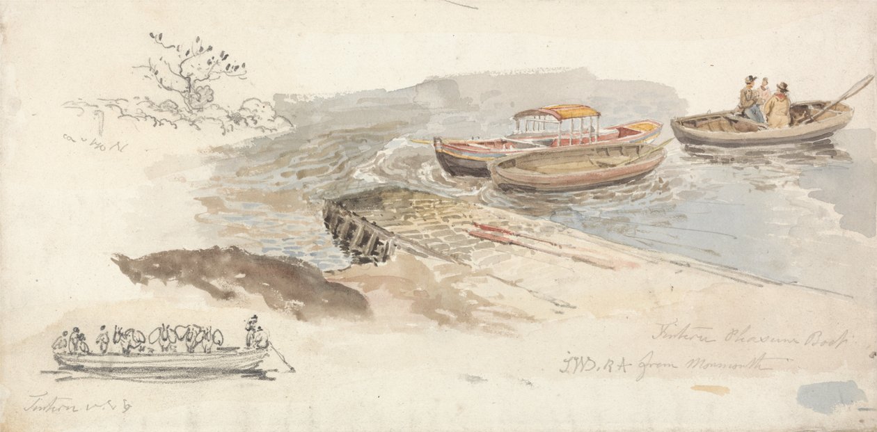 Een overdekte boot en twee roeiboten aan een steiger; inzet links, een potloodstudie van de veerboot voor vee in Tintern door James Ward