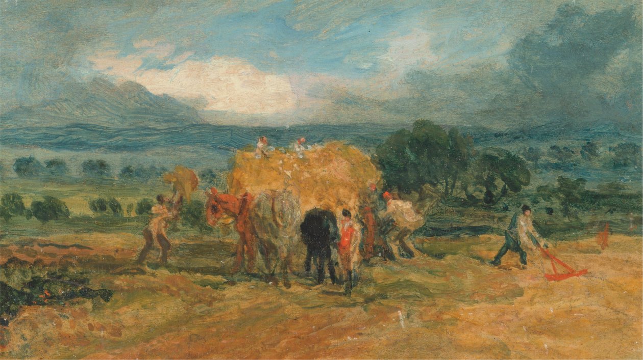 Een oogstscène met arbeiders die hooi op een boerderijwagen laden door James Ward