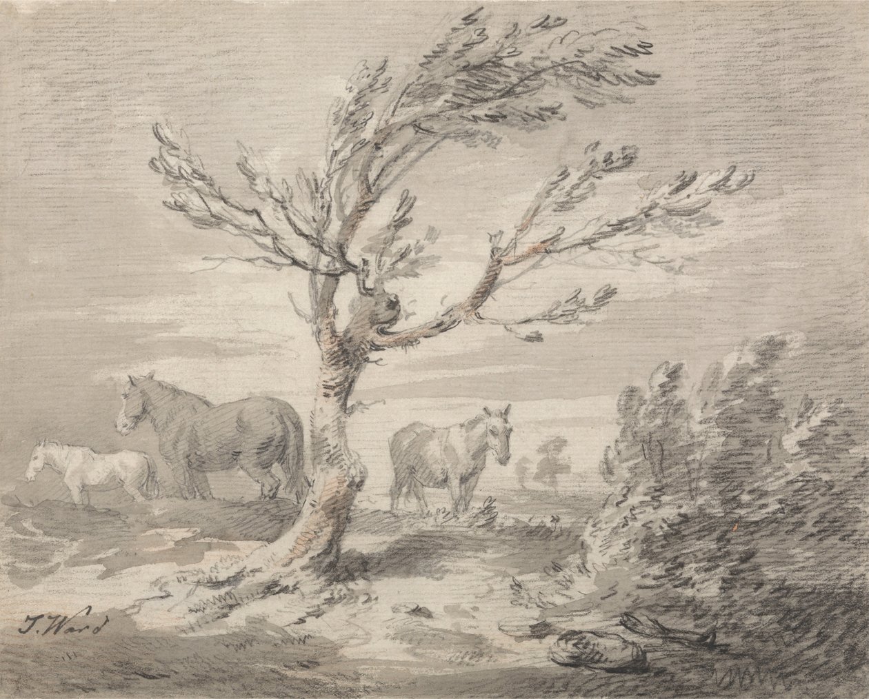 Landschap met drie paarden en een boom op de voorgrond door James Ward