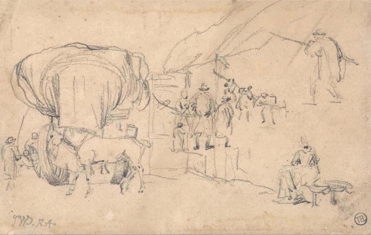 Blad met schetsen: Wagen, paard, melkmeisje en andere figuurstudies door James Ward