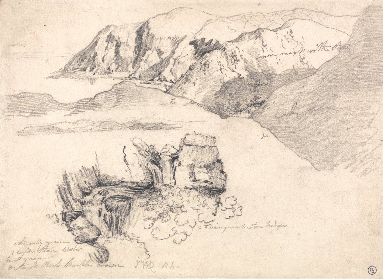 Studies van een heuvelachtige kust en een rotsachtige waterval door James Ward
