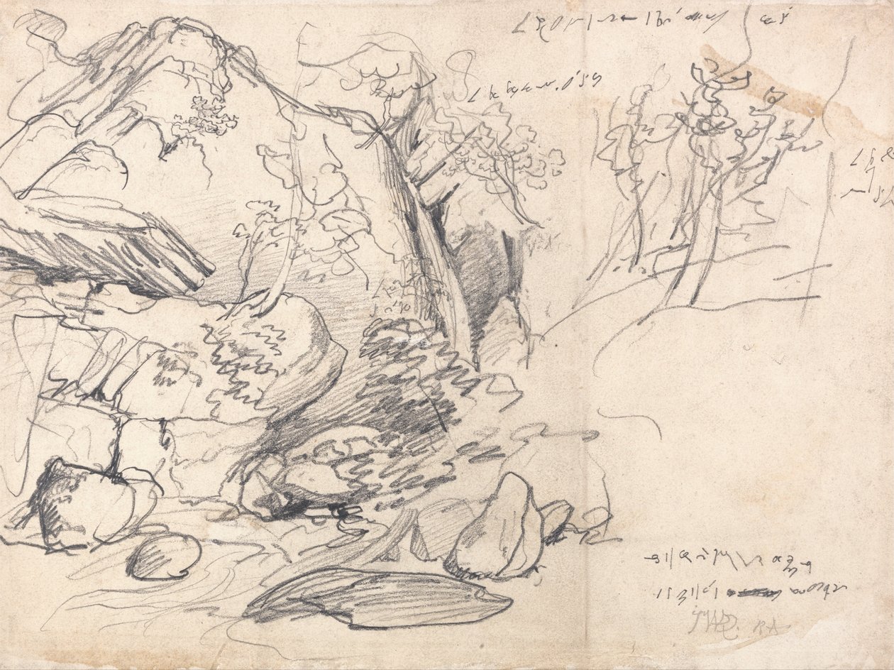 Studie van een berg met bomen door James Ward