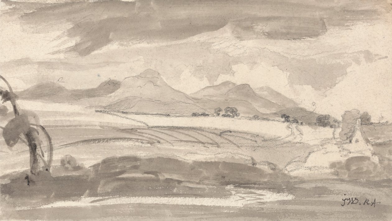 Uitzicht over velden naar verre bergen, met een huisje rechts door James Ward