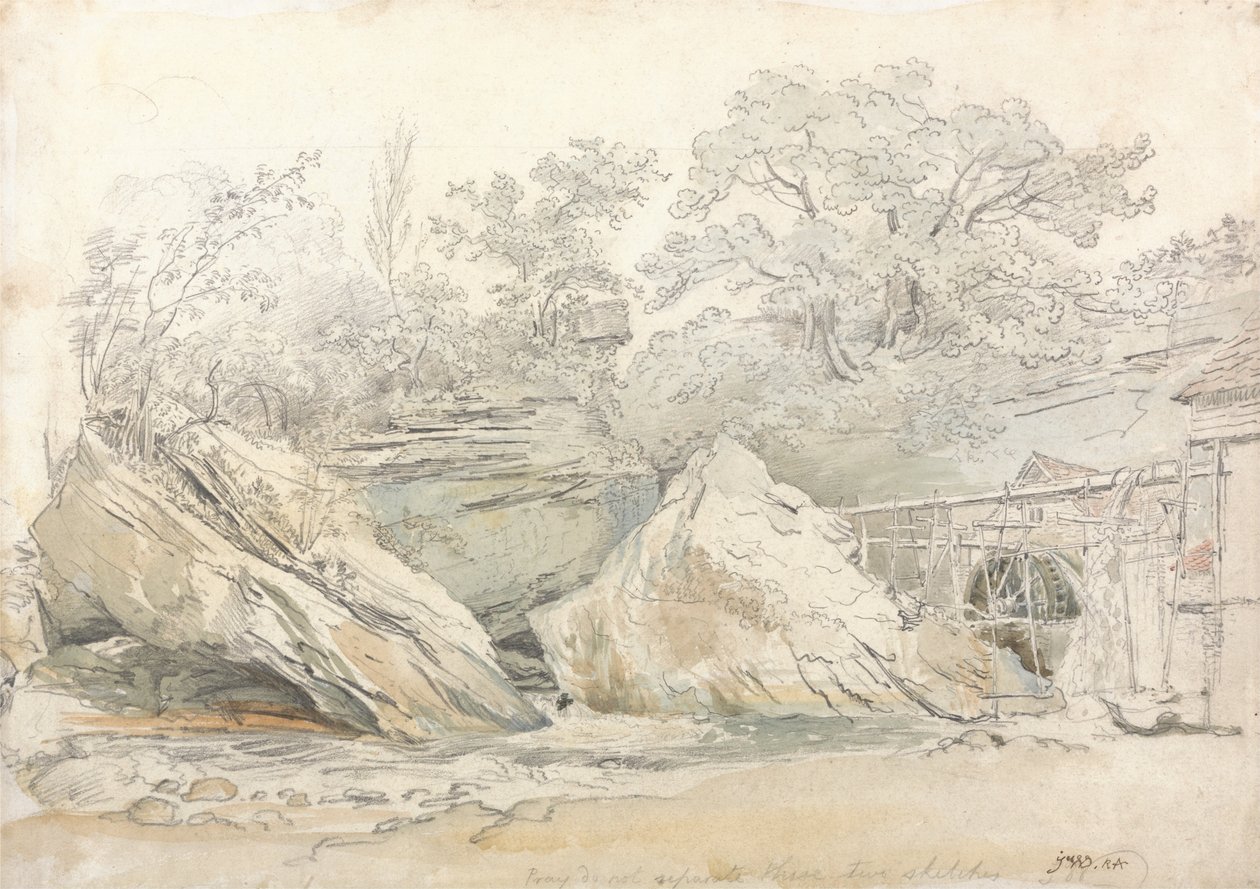 Watermolen in een rotsachtig landschap door James Ward