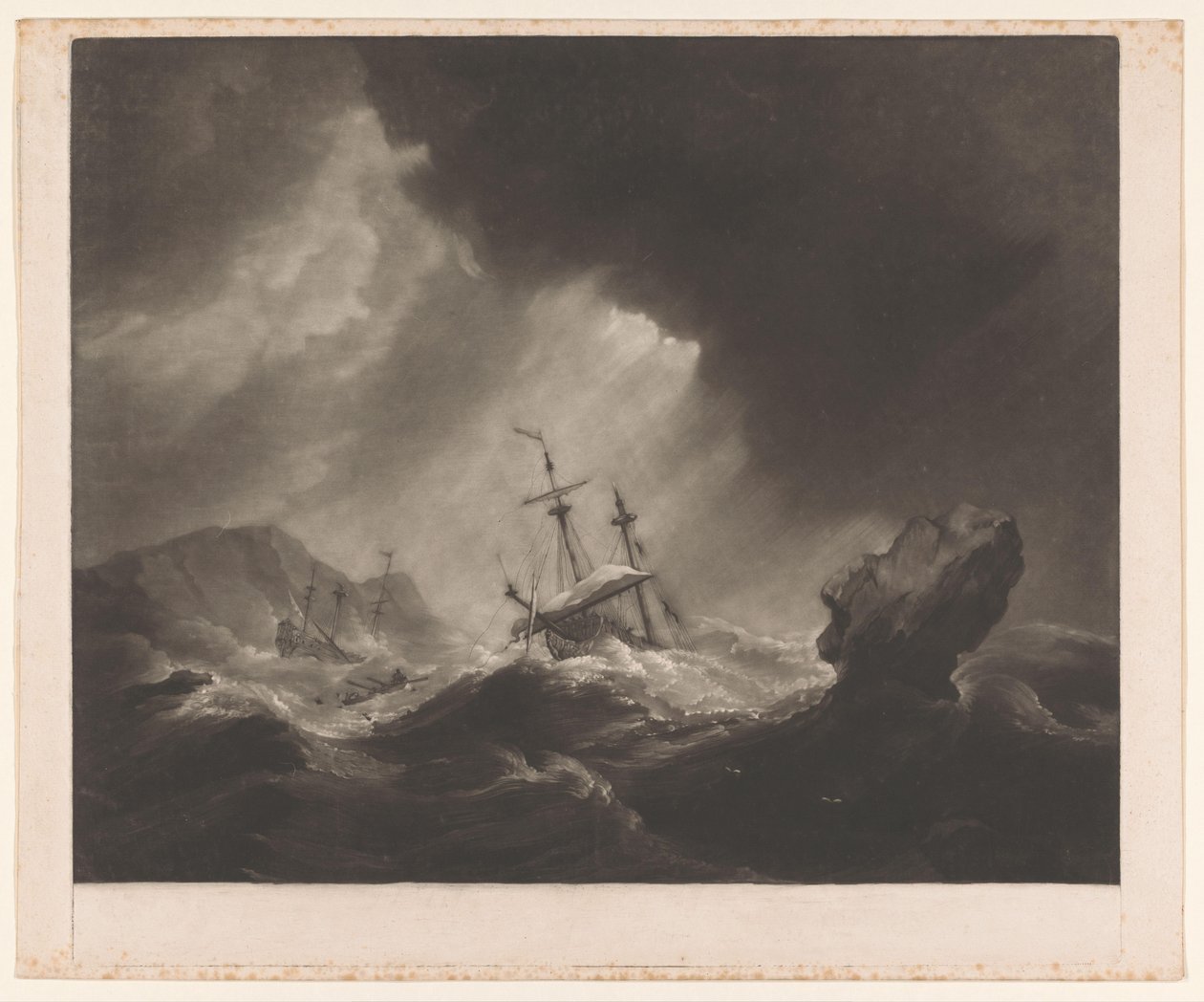 Storm op zee met schipbreuk en zinkend schip door James Watson (prentmaker)