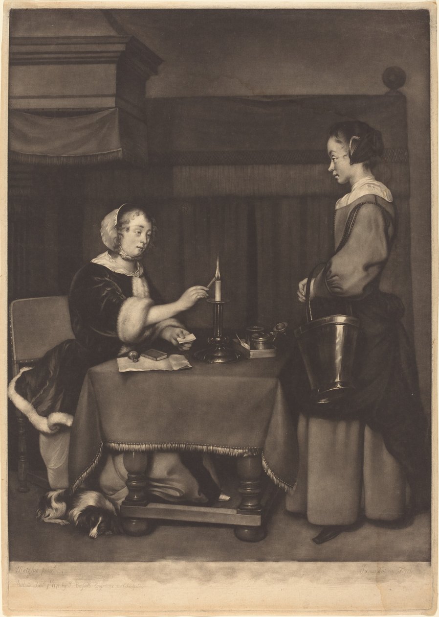 De Vrouwelijke Correspondent door James Watson after Gabriel Metsu