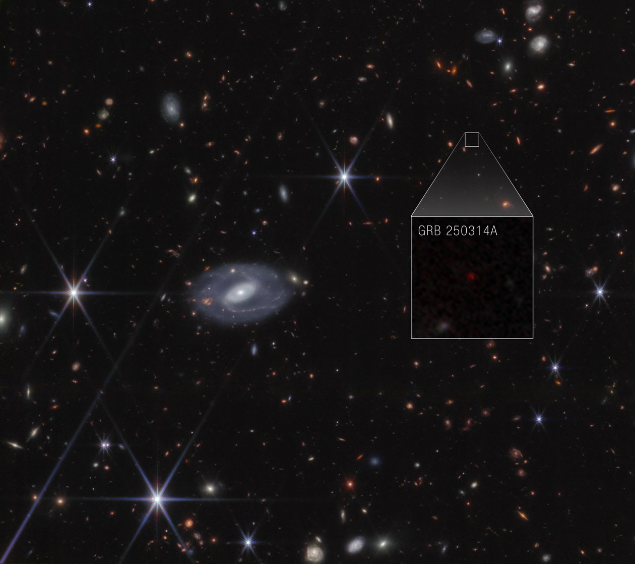 GRB 250314A – Uitsnede (NIRCam-opname) door James Webb Space Telescope (NASA)