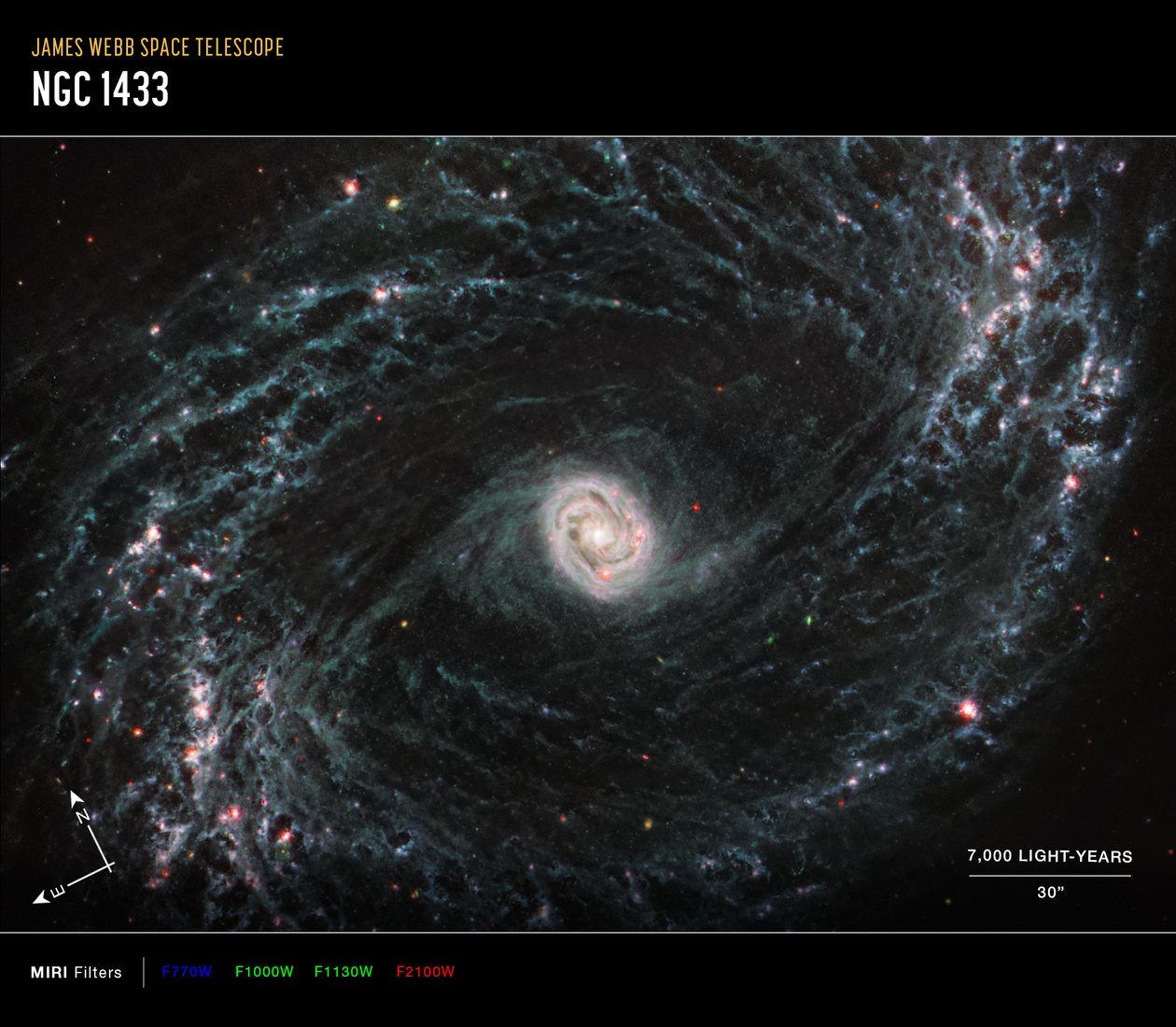 NGC 1433 (MIRI Kompasbeeld) door James Webb Space Telescope (NASA)
