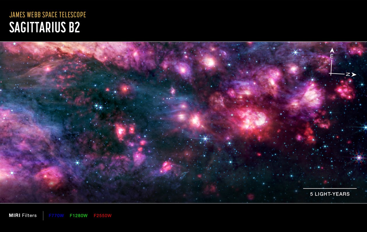 Sagittarius B2 (MIRI Compass-opname) door James Webb Space Telescope (NASA)