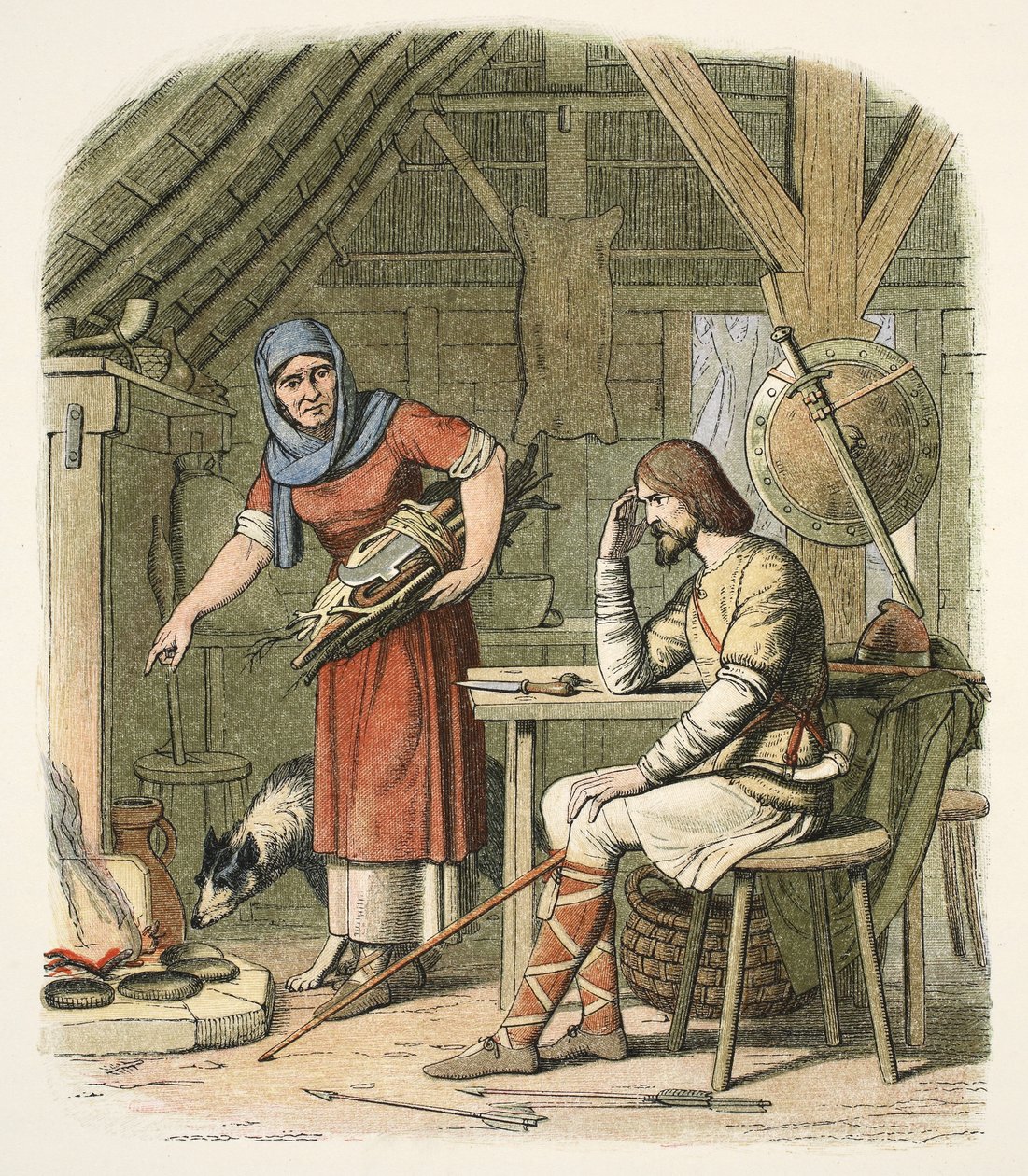 Alfred in de hut van de veehouder, ca. AD 878, uit A Chronicle of England BC 55 to AD 1485, pub. London door James William Edmund Doyle