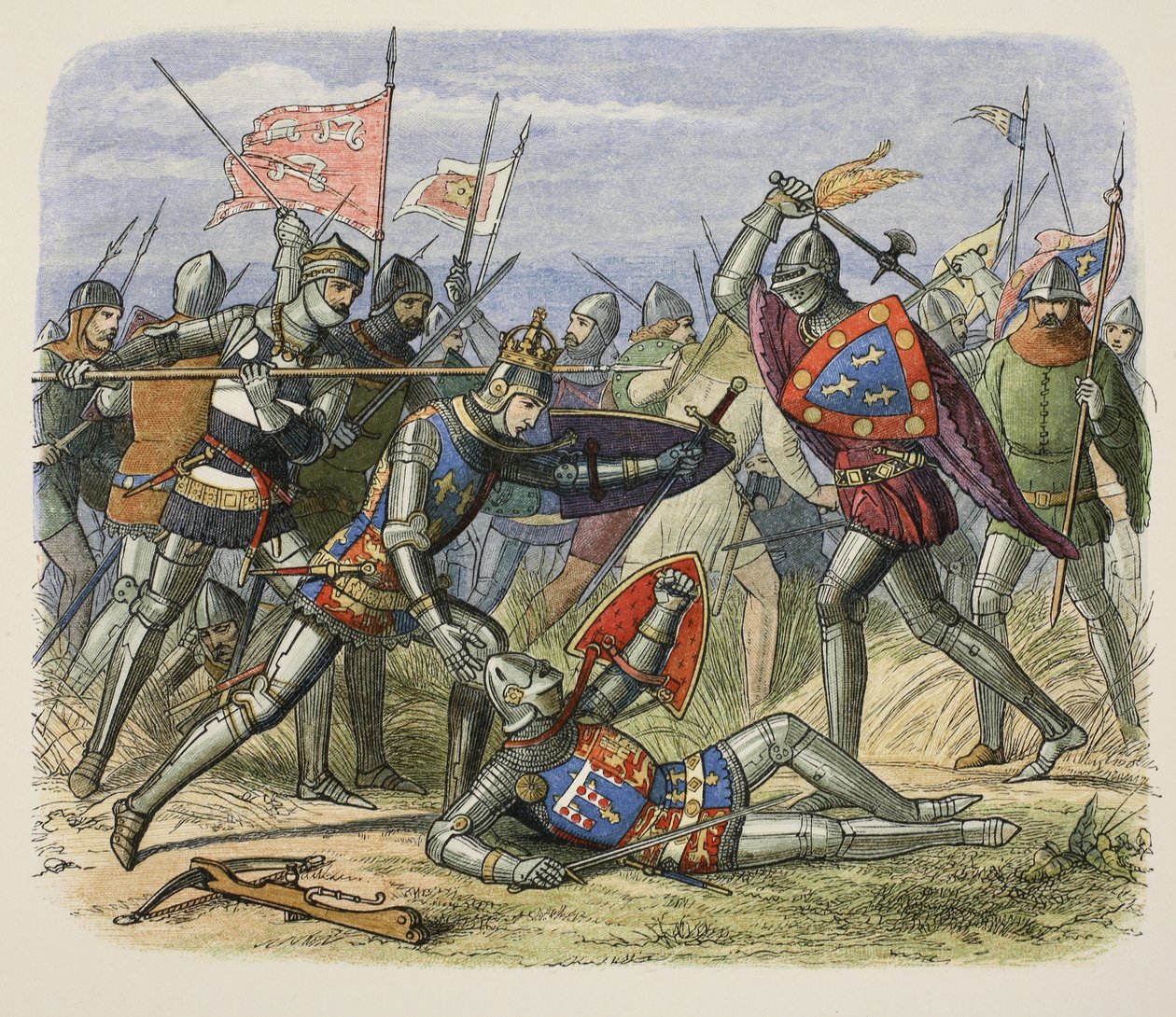 Hendrik V aangevallen door de hertog van Alençon op het slagveld, uit A Chronicle of England BC 55 to AD 1485, pub. London door James William Edmund Doyle