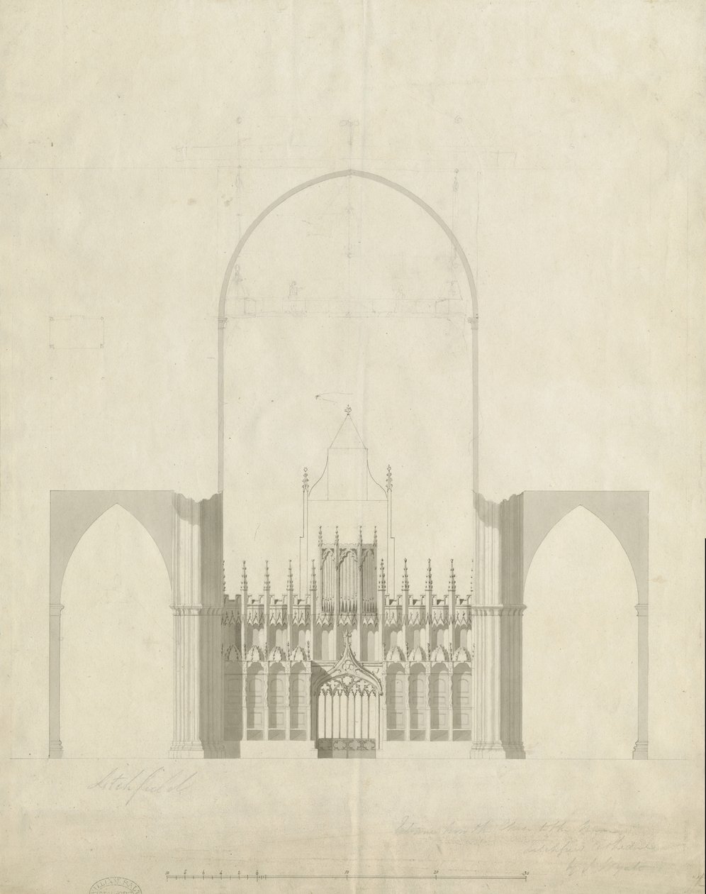Interieur van Lichfield Kathedraal - Ingang van Koor naar Schip: Tekening en Wassing, nd [c 1780] door James Wyatt