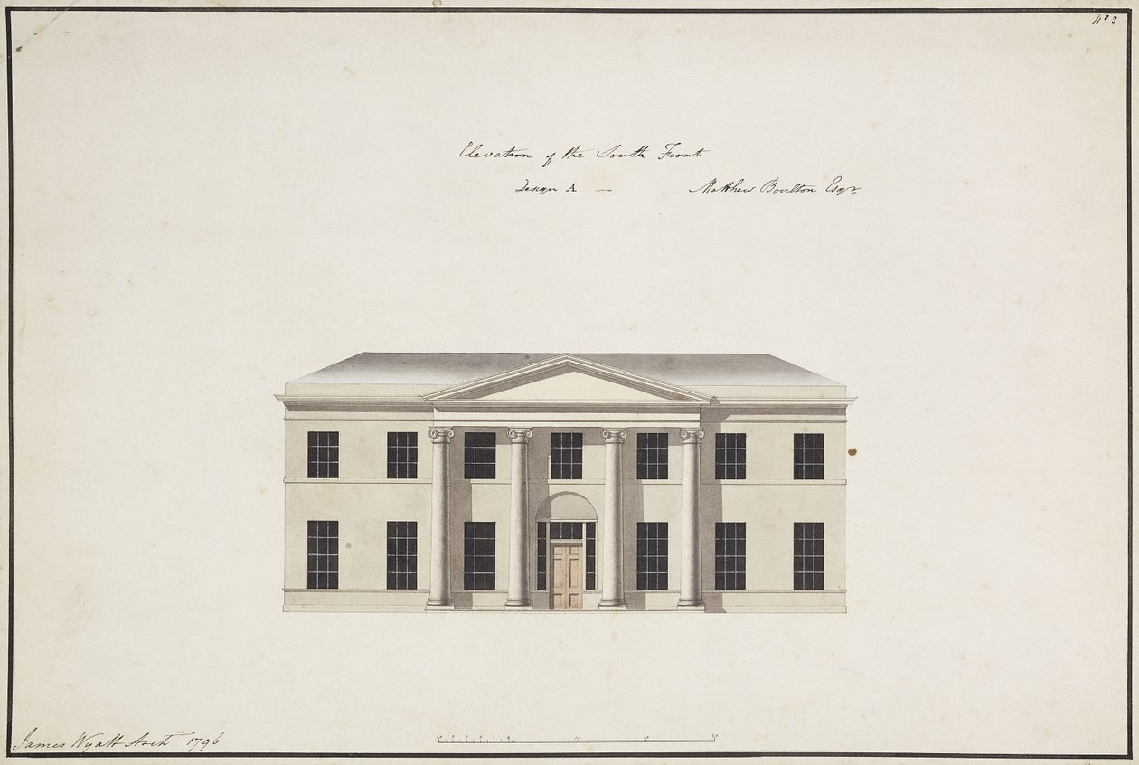 Soho House: Plattegrond van de begane grond; Plattegrond van de slaapkamerverdieping; Elevatie van de zuidkant, ontwerp A, Elevatie van de zuidkant, ontwerp B, en Elevatie van de noordkant, 1796 door James Wyatt