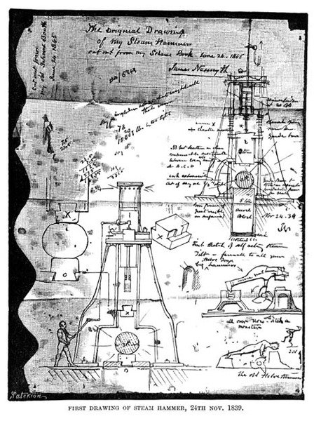 Eerste tekening van stoomhamer, 24 november 1839, uit een uitgescheurde pagina van Nasmyths schetsboek, gegraveerd door R. Paterson door James after Nasmyth
