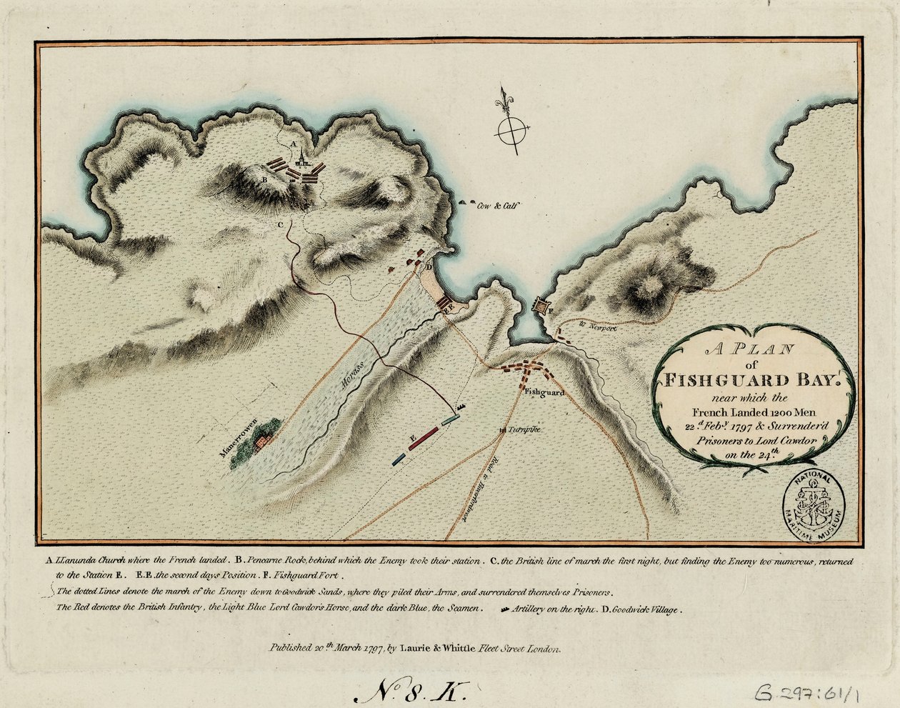 Een plan van Fishguard Bay waar de Fransen 1200 man landden op 22 februari 1797 en zich overgaven aan Lord Cawdor op de 24e door James and Laurie Robert (1755 1836) Whittle