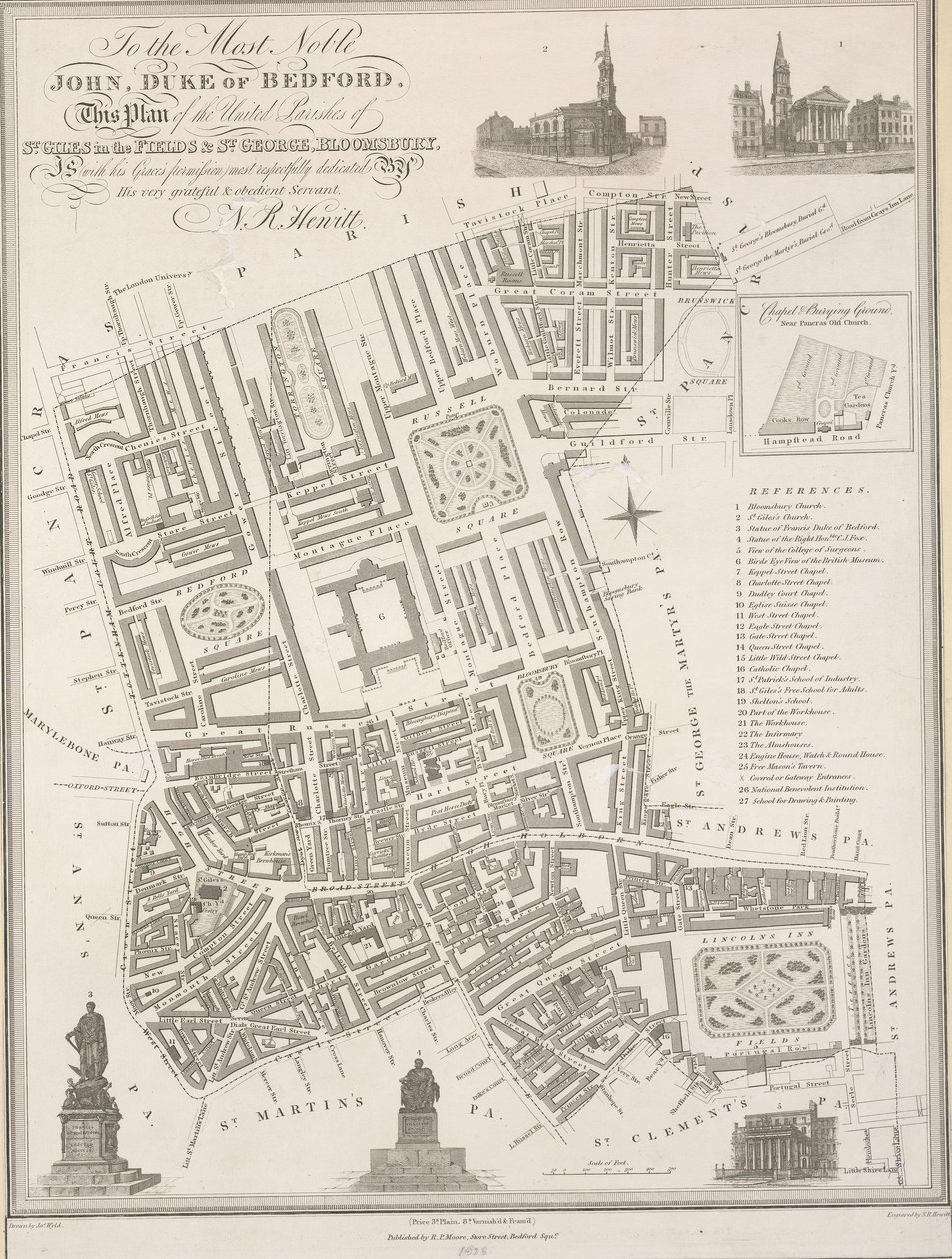 Aan de meest nobele John, hertog van Bedford. Dit plan van de verenigde parochies van St. Giles in the Fields & St. George, Bloomsbury door James the Elder Wyld