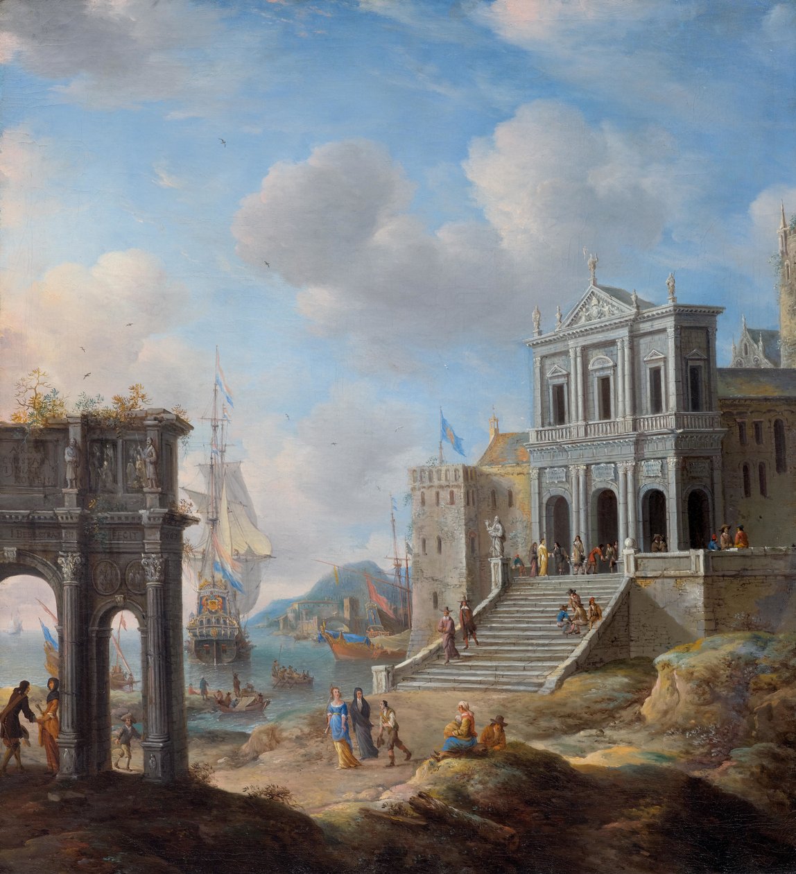 Capriccio met de Boog van Constantijn en de Kerk van San Gregorio Magno al Celio naast een Haven door Jan Abrahamsz. Beerstraten
