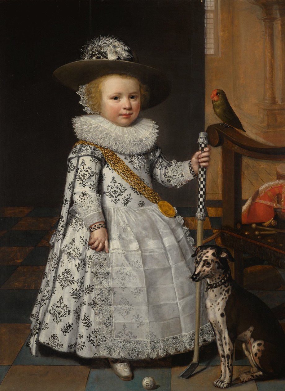 Portret van een jonge jongen met een golfclub en bal door Jan Anthonisz. van Ravesteyn
