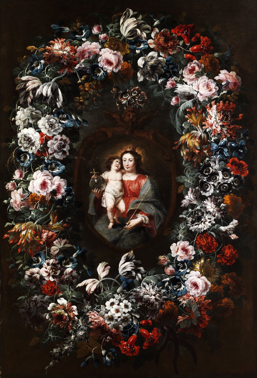Maagd met kind in een grote bloemenkrans door Jan Baptist Morel