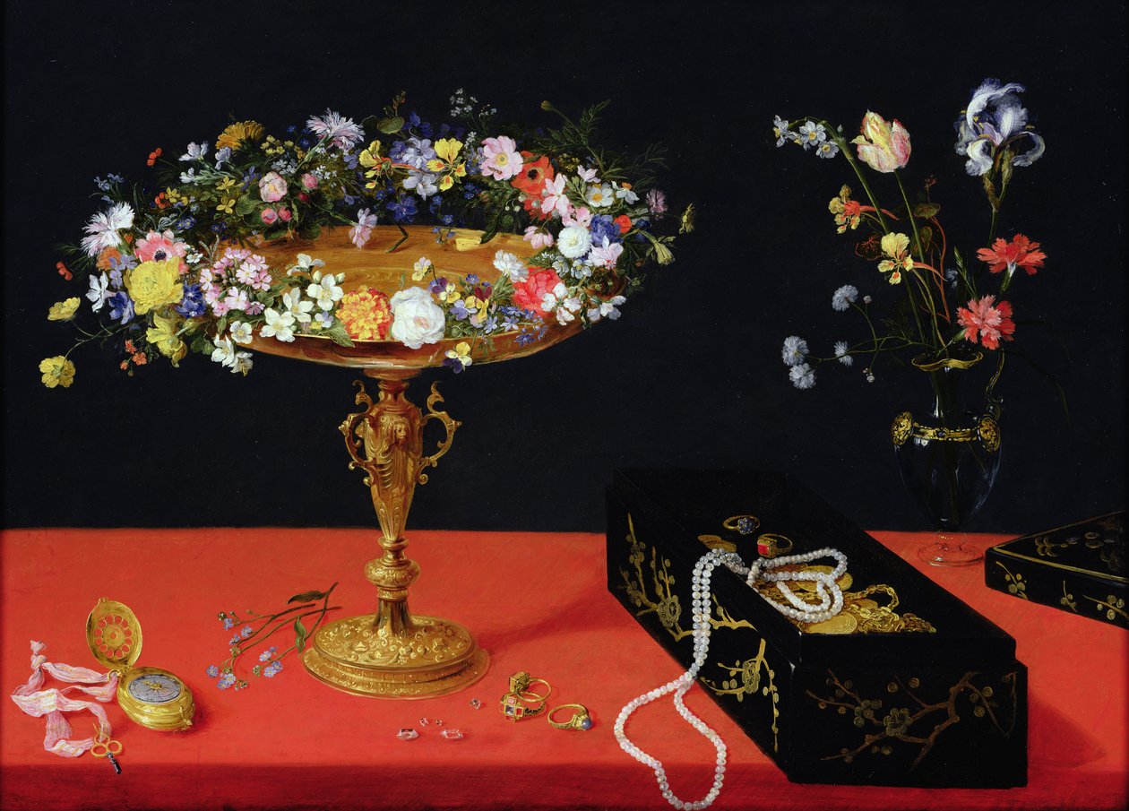Een stilleven van een tazza met bloemen door Jan the Elder Brueghel