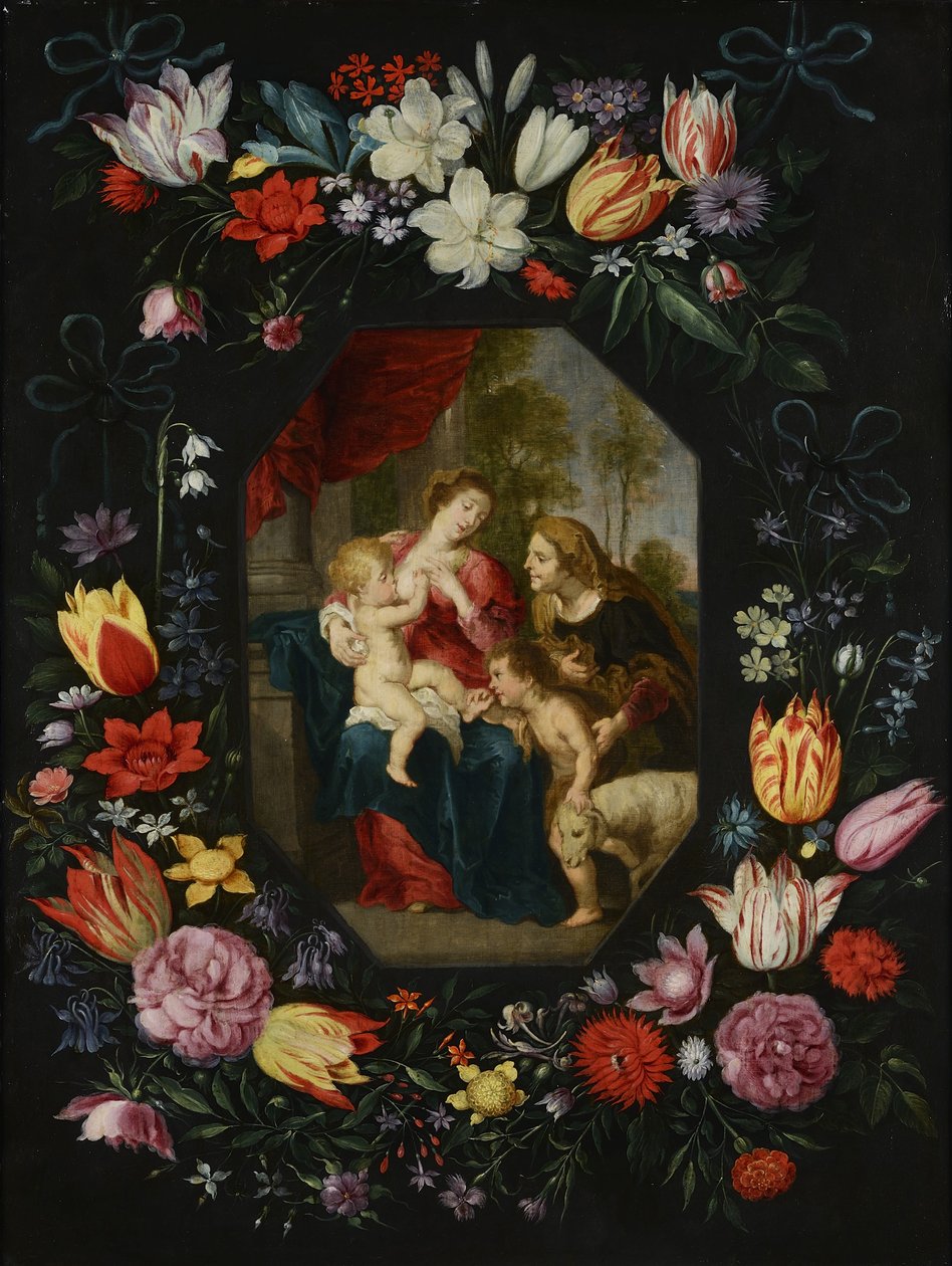 Maagd en Kind met Sint Elizabeth en Sint Jan de Doper in een bloemenkrans door Jan Brueghel the Younger