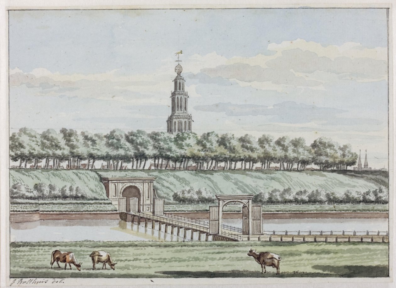 Buitenzijde Herepoort en Herepoortenbrug met stadswal van Groningen door Jan Bulthuis