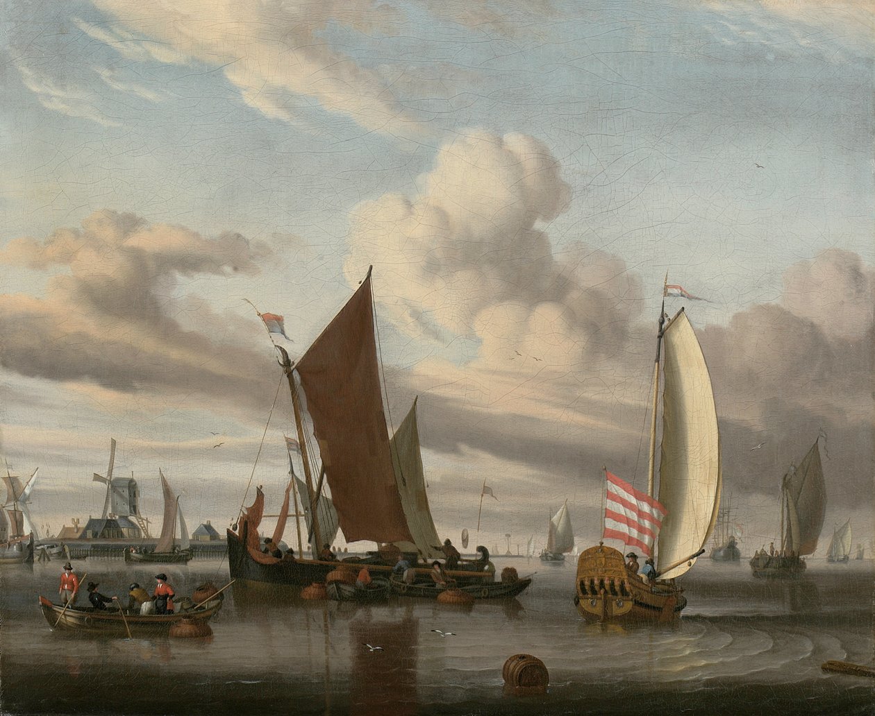 Schepen in een Kalmte op Zee bij een Steiger door Jan Claesz Rietschoof