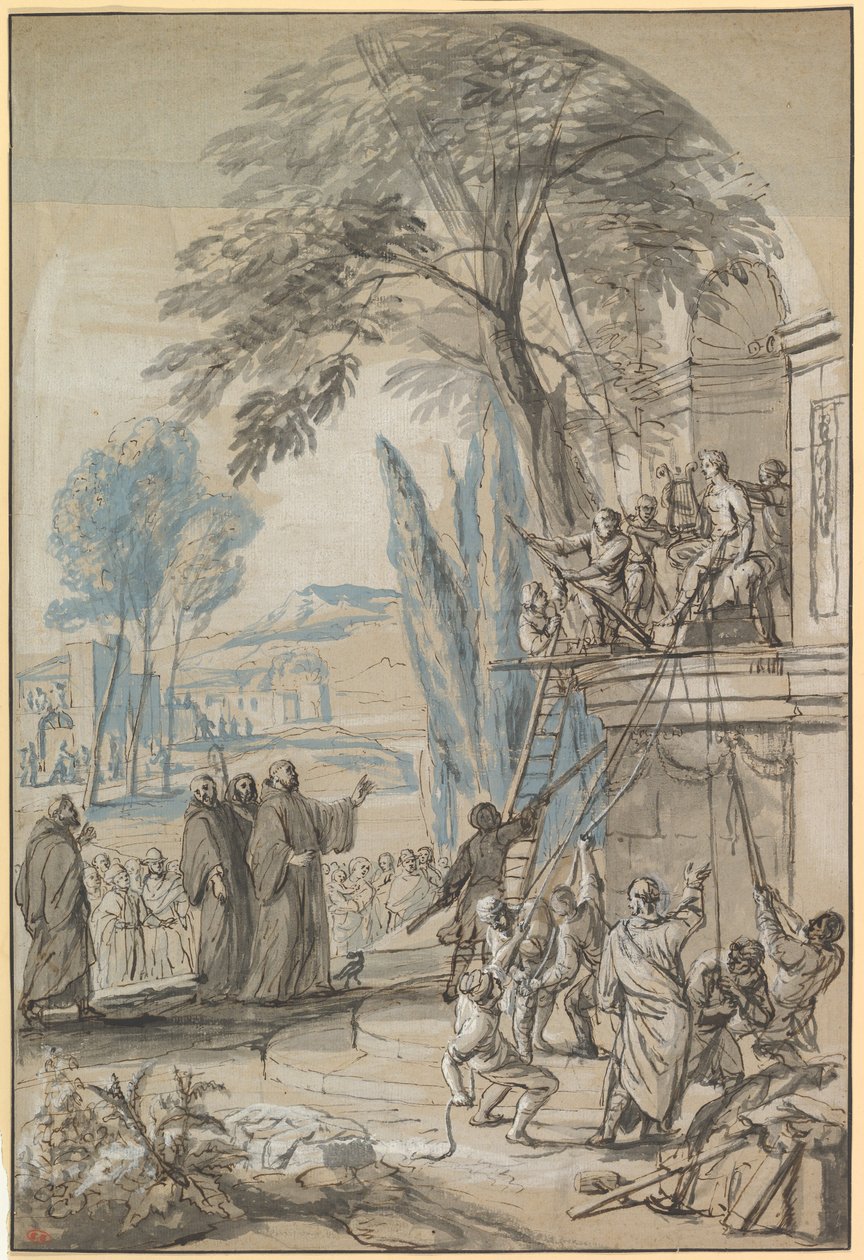Benedictus van Nursia beveelt de vernietiging van de tempel van Apollo op Monte Cassino door Jan Erasmus Quellinus