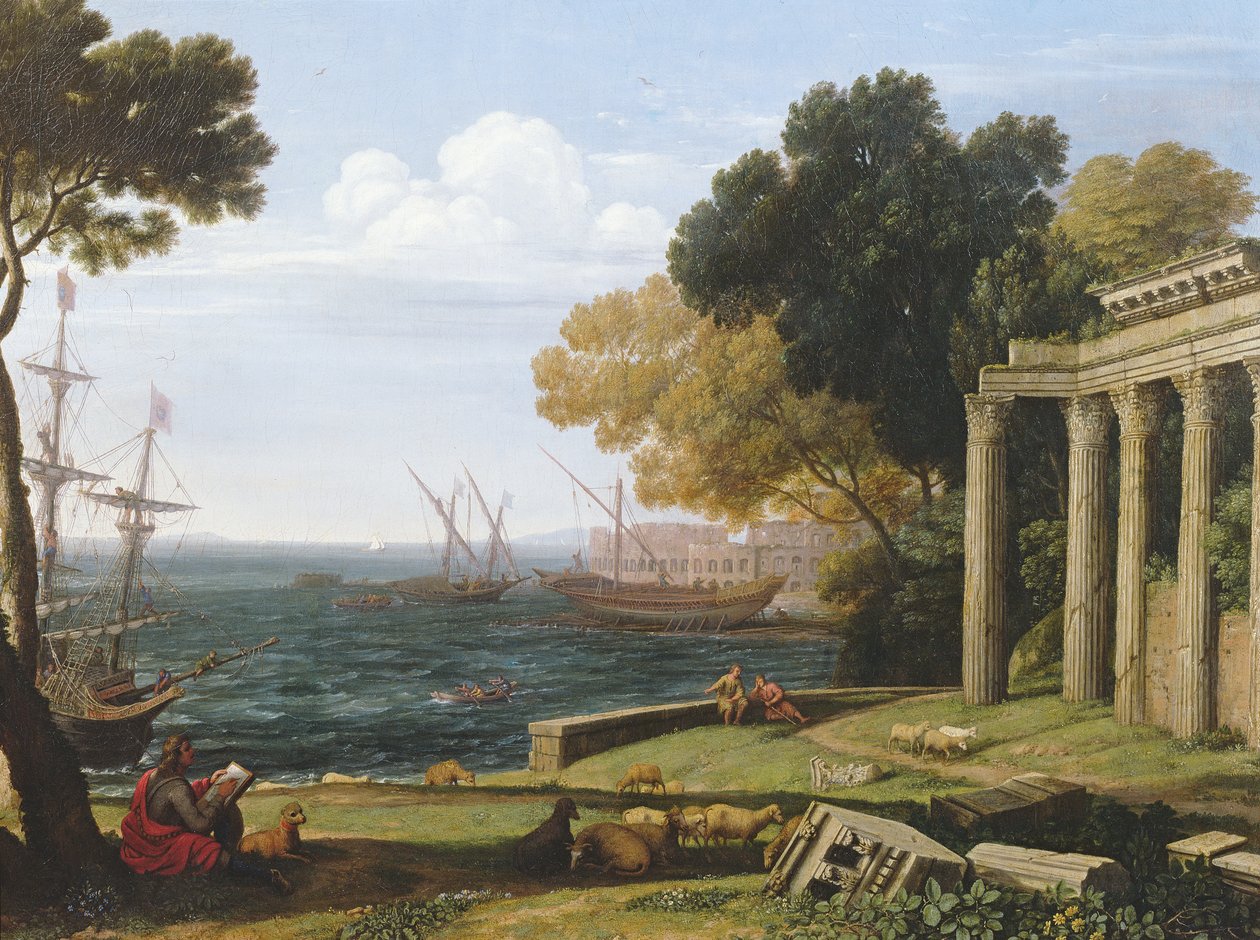 Uitzicht op de zee, haven en amfitheater van Pola door Jan Frans van Bloemen