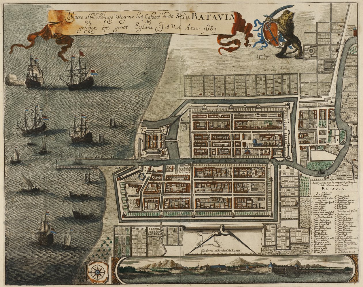 Kaart van het Kasteel en de Stad Batavia, op het eiland Java (nu Jakarta, Indonesië) door Jan Janssonius