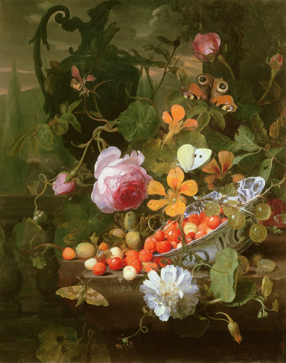 Een Stilleven van Aardbeien in een Kom en Bloemen, 1696 door Jan Mortel