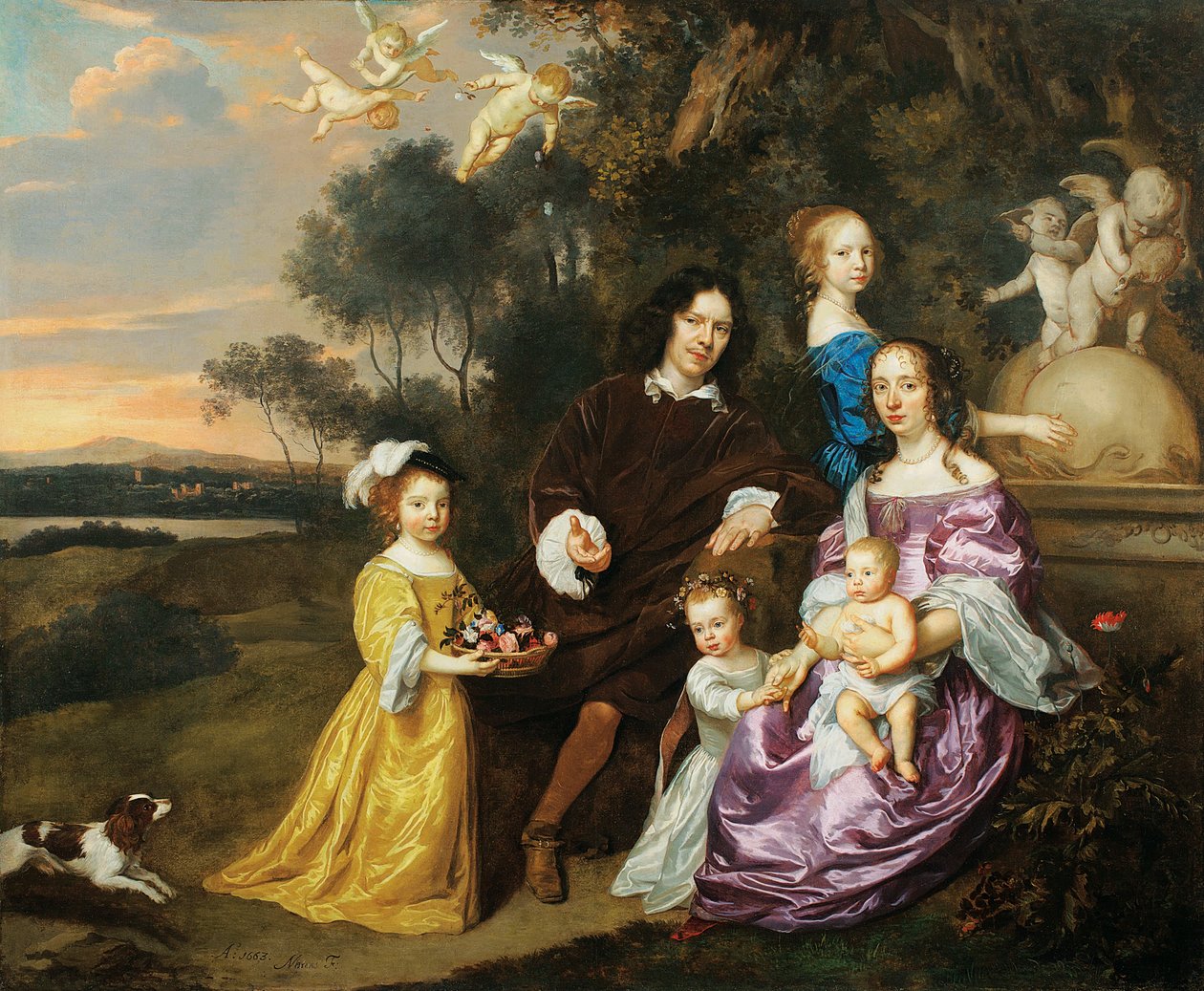 Portret van een familiegroep bij een sierlijke fontein in een pastorale landschap, 1663 door Jan Mytens or Mijtens