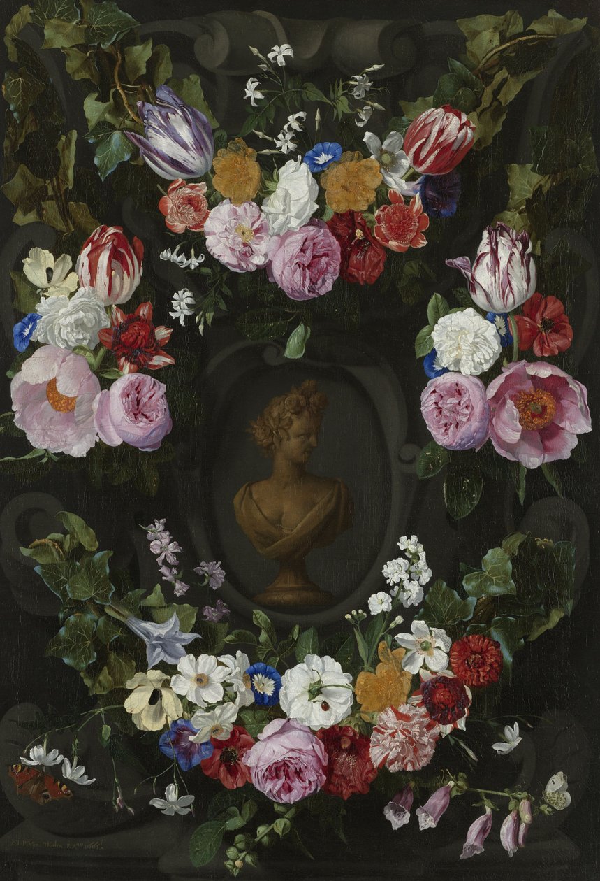 Bloemenslinger rondom een buste van Flora door Jan Philip van Thielen