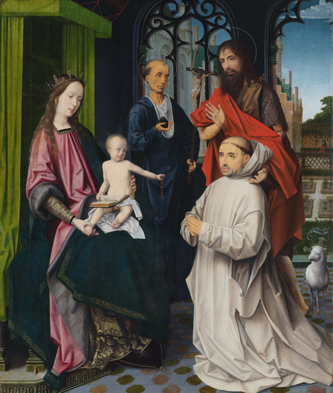 De Maagd en het Kind op de troon, met de heiligen Hiëronymus en Johannes de Doper en een knielende kartuizer monnik door Jan Provoost