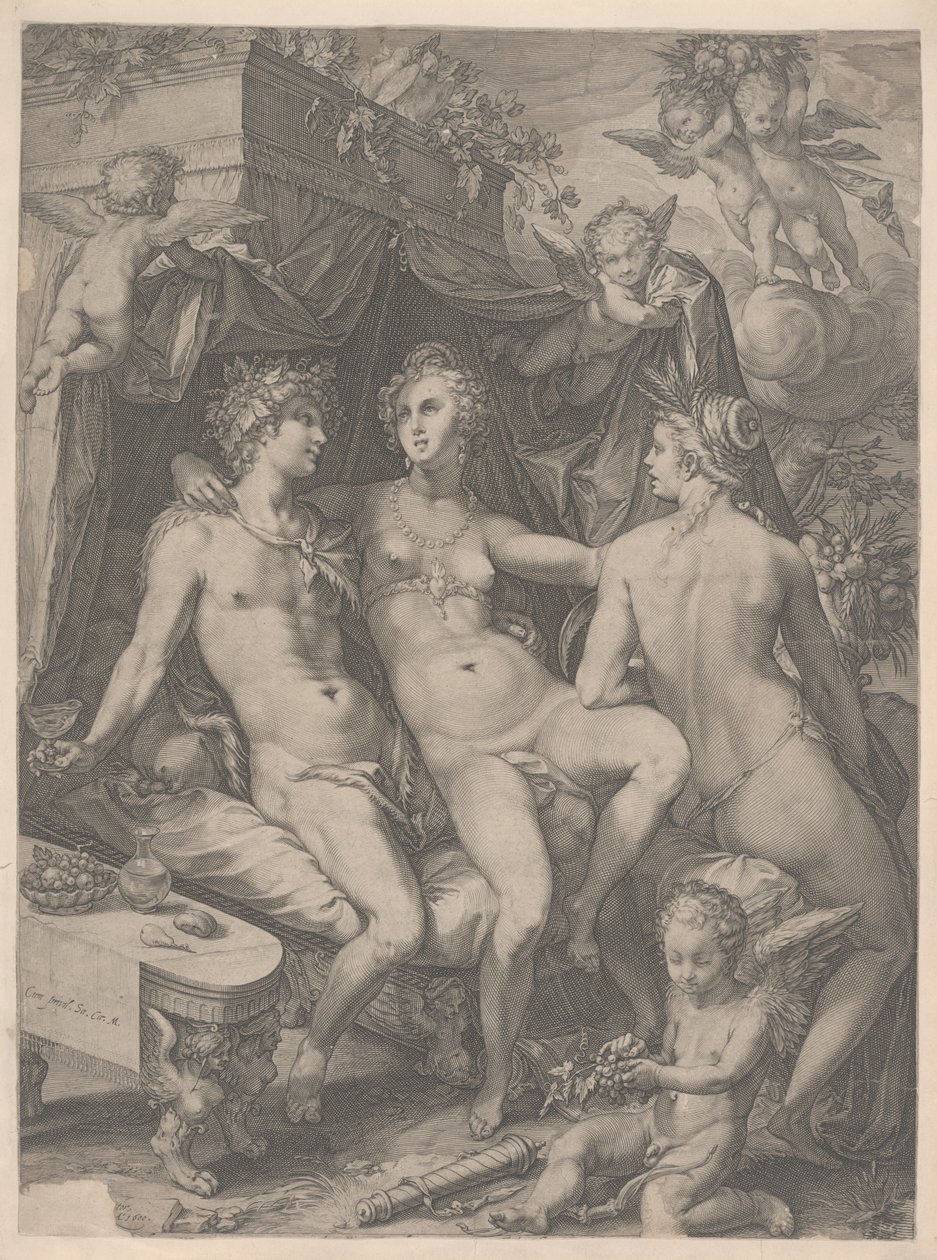 Venus Zittend op een Bed tussen Bacchus en Ceres, 1600 door Jan Saenredam