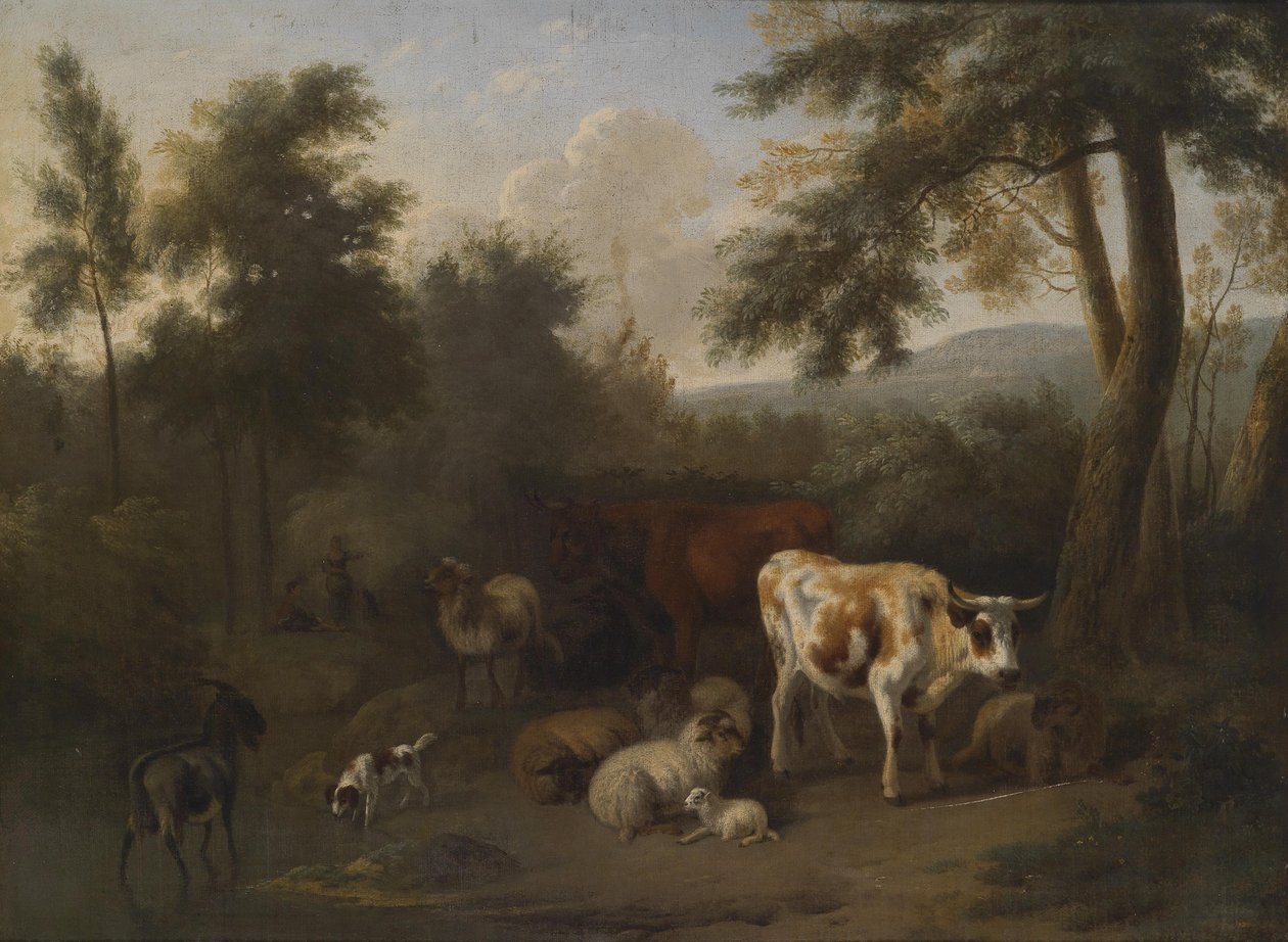Boslandschap met rustend vee en herders door Jan Vermeer van Haarlem