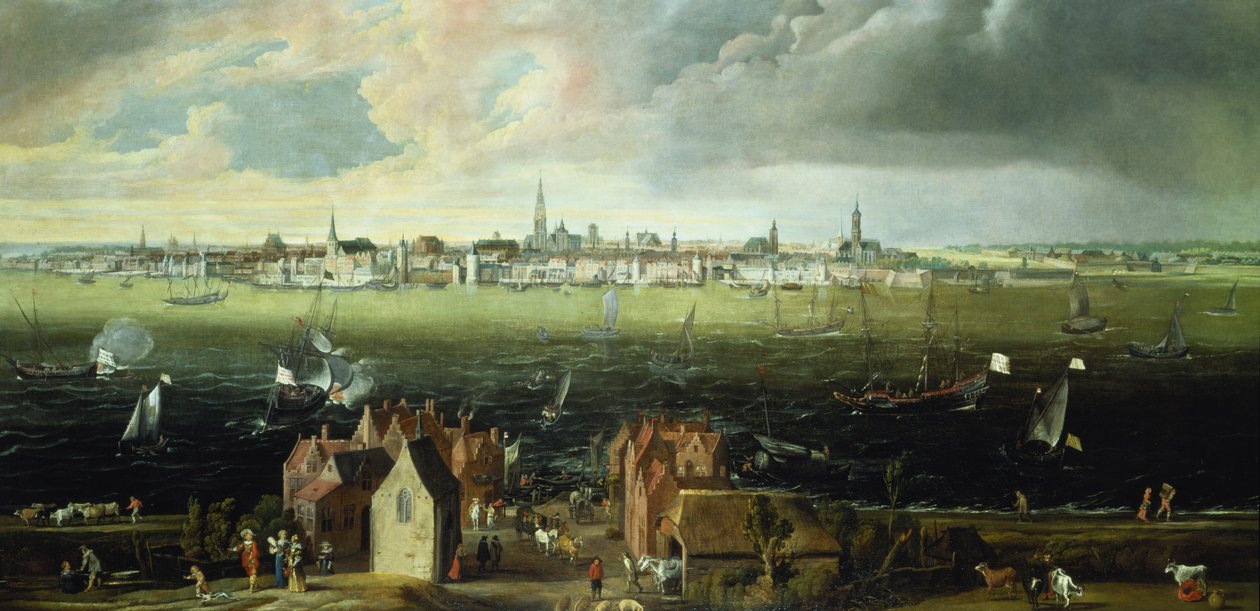 Uitzicht op Antwerpen vanaf de Schelde door Jan Wildens