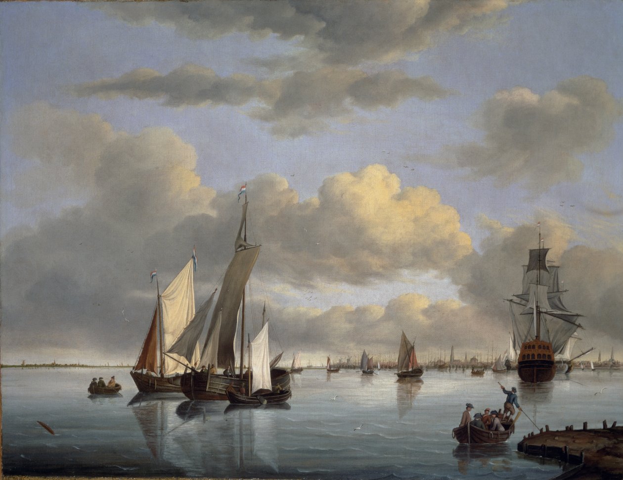 Scheepvaart op het IJsselmeer met Amsterdam in de verte door Jan Wubbels