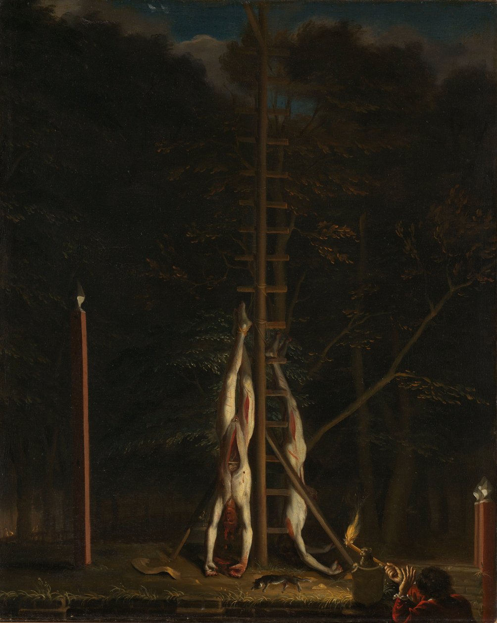 De lijken van de gebroeders De Witt, op de Groene Zoodje aan de Lange Vijverberg in Den Haag, 20 augustus 1672 door Jan de Baen