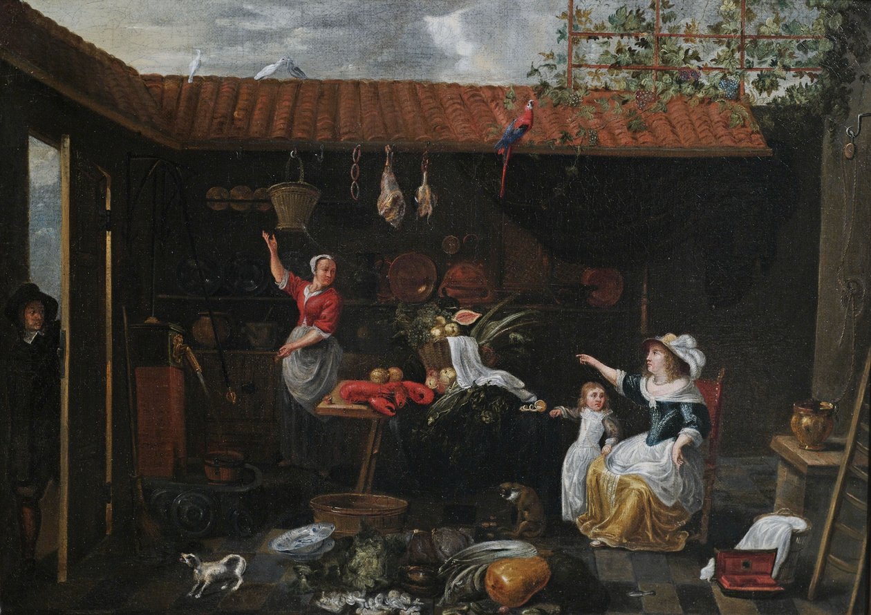 Binnenaanzicht van een hof met keukenvoorraden, gereedschappen, dienstmeid en huisvrouw door Jan van Buken