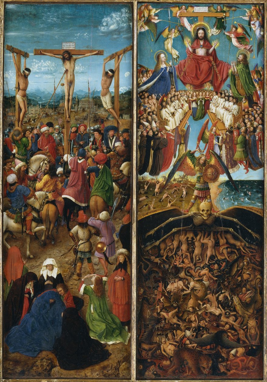 De kruisiging; Het laatste oordeel, deel van een drieluik door Jan van Eyck