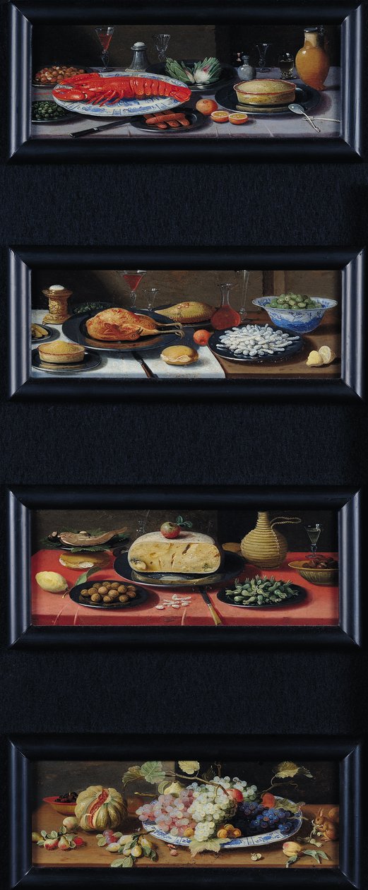 Vier stillevens van voedsel en fruit door Jan van Kessel the Elder