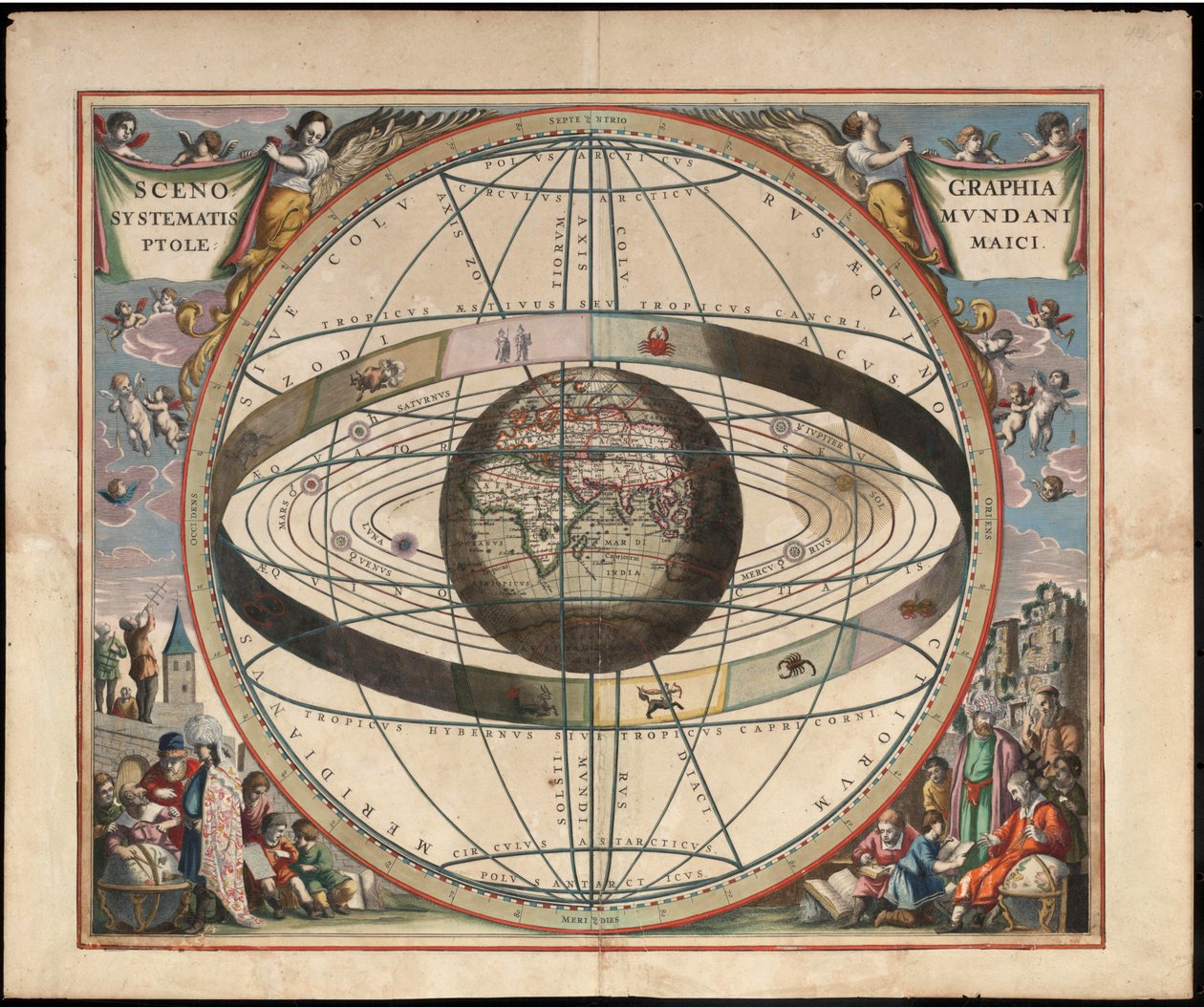 Uit Andreas Cellarius Harmonia Macrocosmica, 1660/61. Kaart met tekens van de dierenriem en het zonnestelsel met de wereld in het midden. Plaat 2 door Jan van Loon  