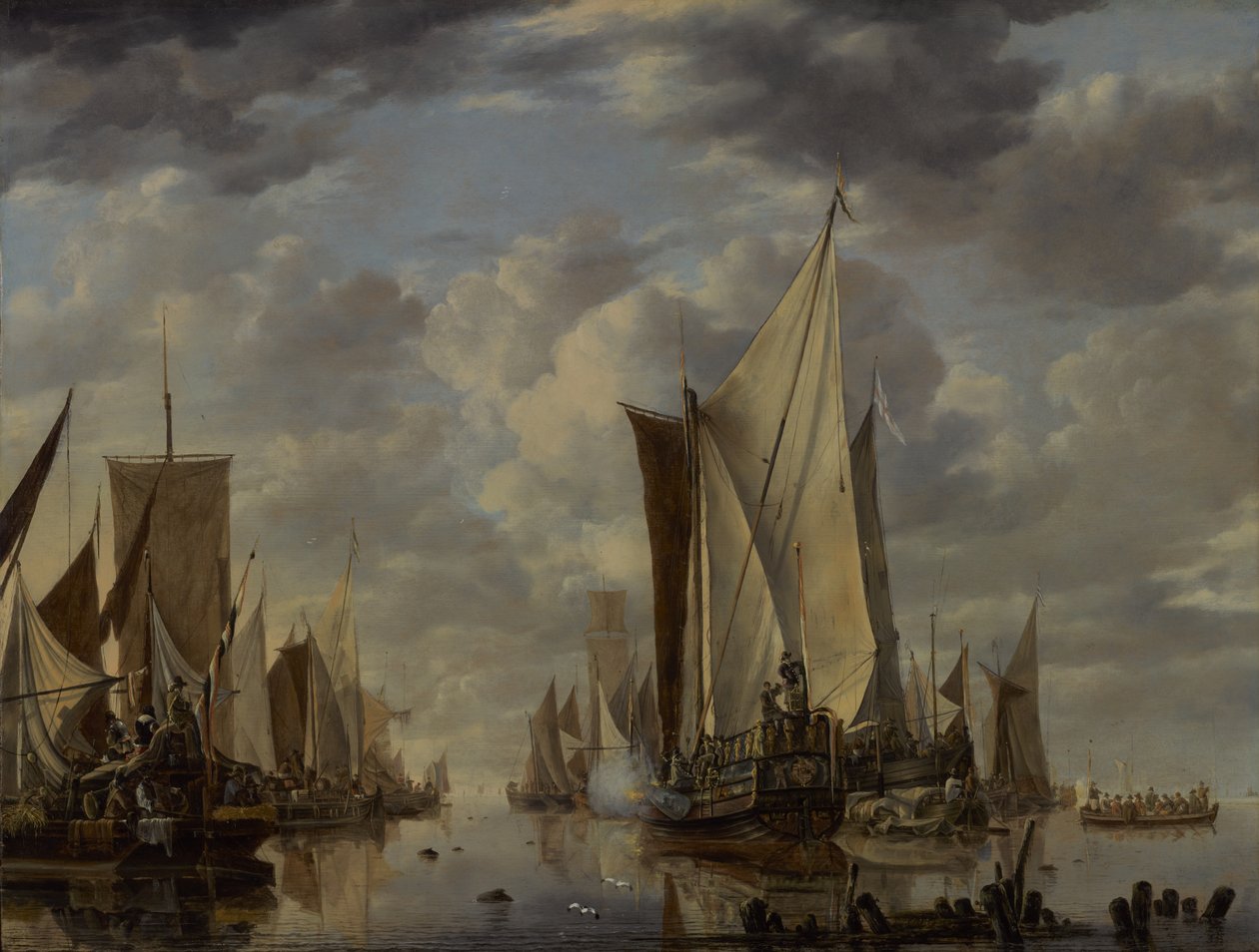 Schepen in een kalmte bij Vlissingen met een jacht van de Staten-Generaal dat een saluut afvuurt door Jan van de Cappelle