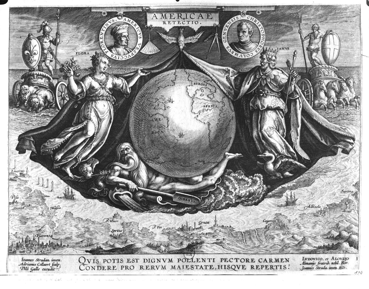 Ontdekking van Amerika met portretten van Amerigo Vespucci en Christopher Columbus, gegraveerd door Jan Collaert, gedrukt door Philipp Galle, ca. 1600 door Jan van der Straet