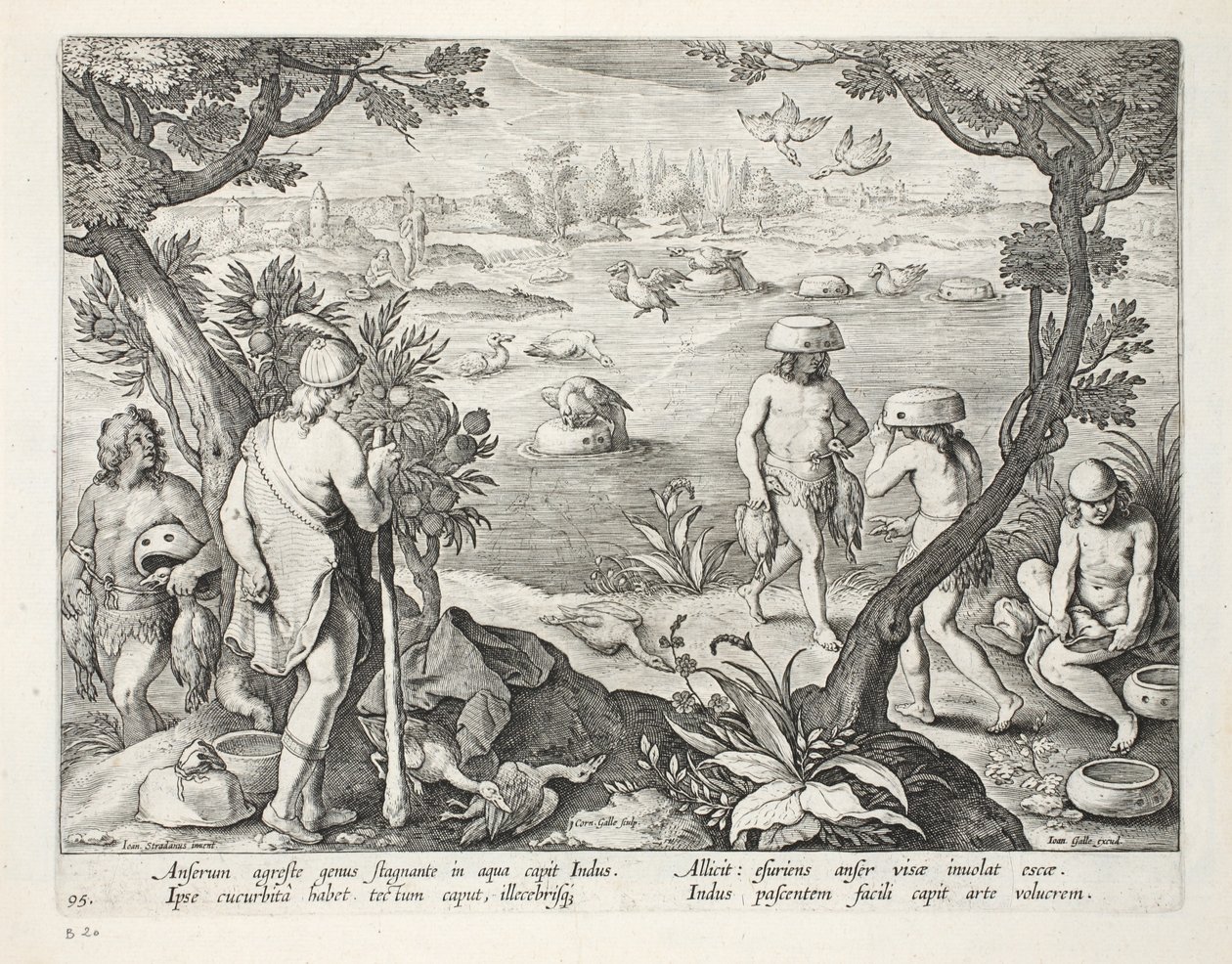 Indiase methode om ganzen te vangen in ondiep water door een kalebas op hun hoofd te plaatsen met een aas van voedsel bovenop, plaat 94, illustratie uit 