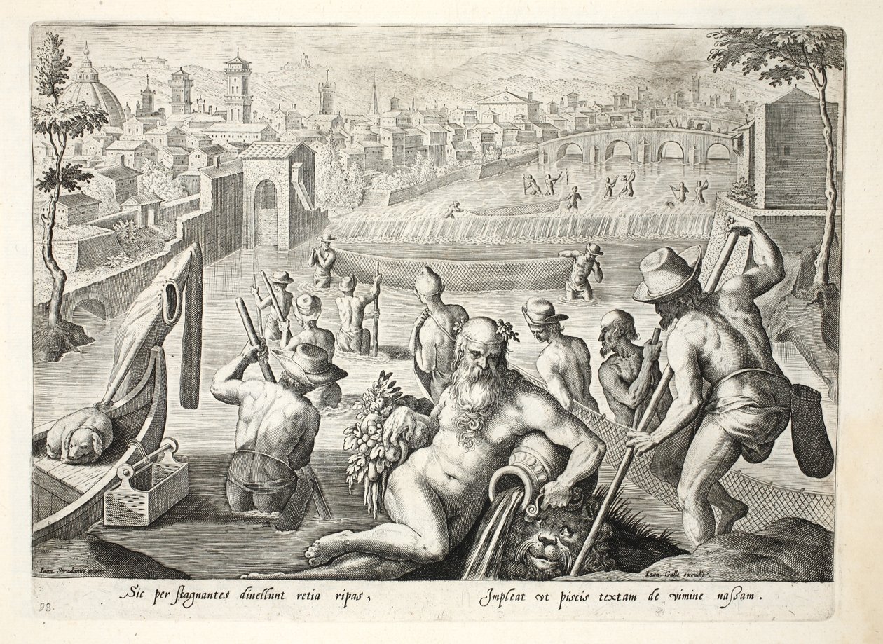 Methode om vis te vangen in ondiep water met netten, illustratie uit 