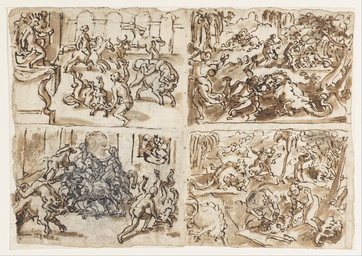 Recto Titelpagina uit een schetsboek met vier scènes, waaronder Thessaliërs die vechten met stieren, boven... door Jan van der Straet