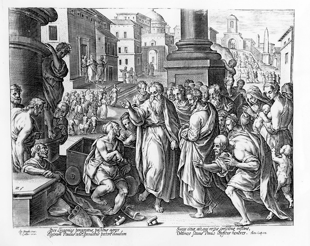 Heiligen Paulus en Barnabas prediken in Lystra, gegraveerd door P. Galleus door Jan van der Straet