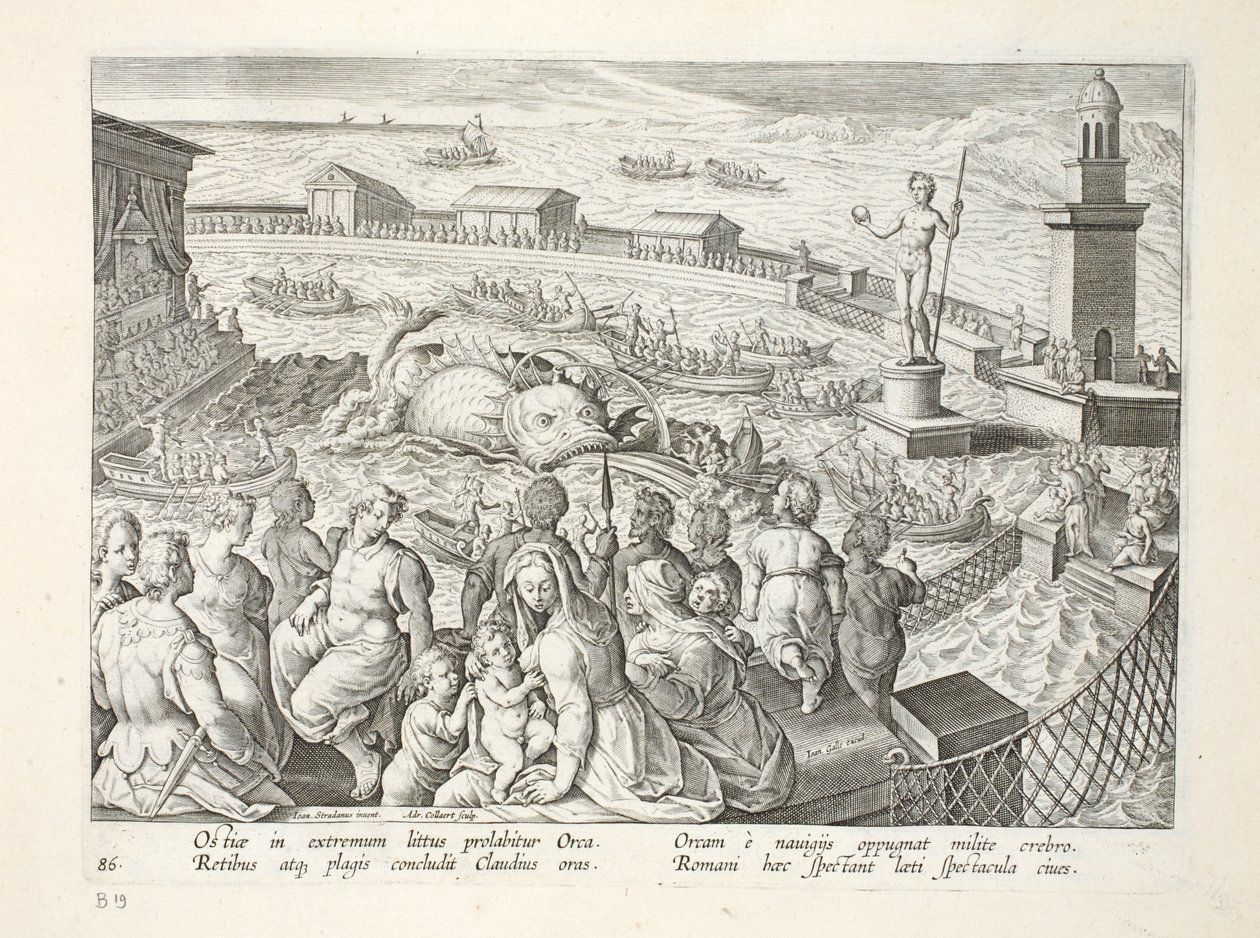 Zeemoster valt een boot aan tijdens een spektakel in een mariene omheining in Ostia, plaat 85, illustratie uit 